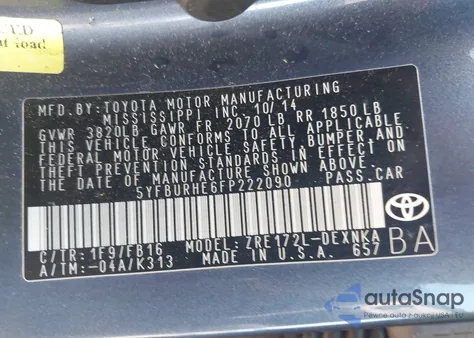 2015 Toyota Corolla Le Plus z USA, uszkodzony, nr VIN 5YFBURHE6FP222090